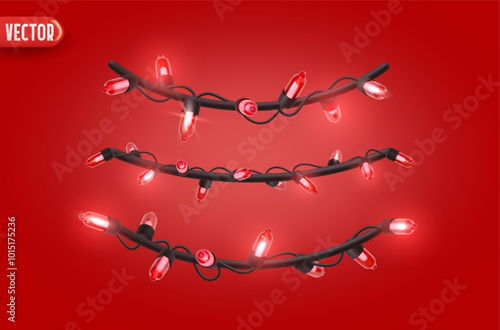 Festive Christmas red string lights brightly glowing. Realistic 3d New Year decorations garland isolated on rich red background. vector illustration