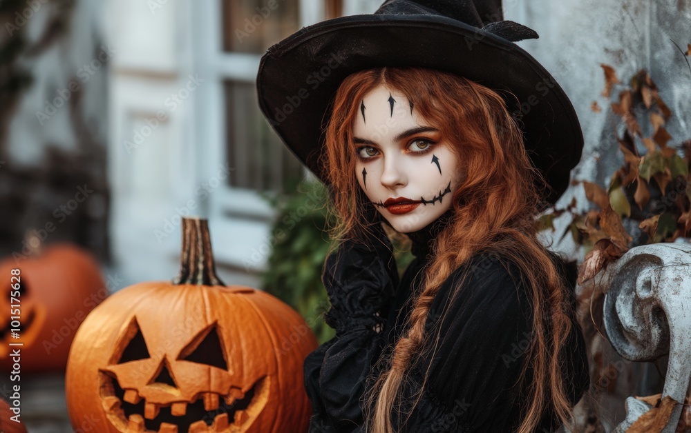 Halloween witch with pumpkin and woman Halloween witch with pumpkin and woman