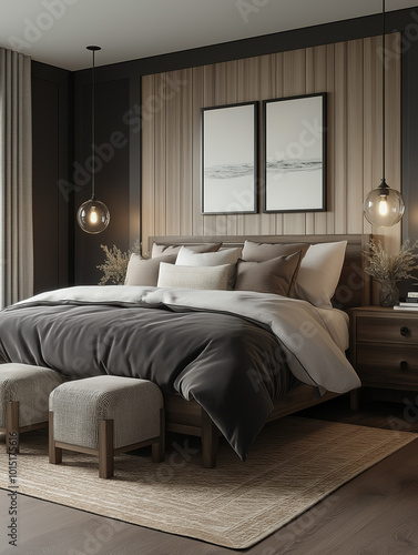 Modern Bedroom with Dark Gray Walls and Farmhouse-Style Decor