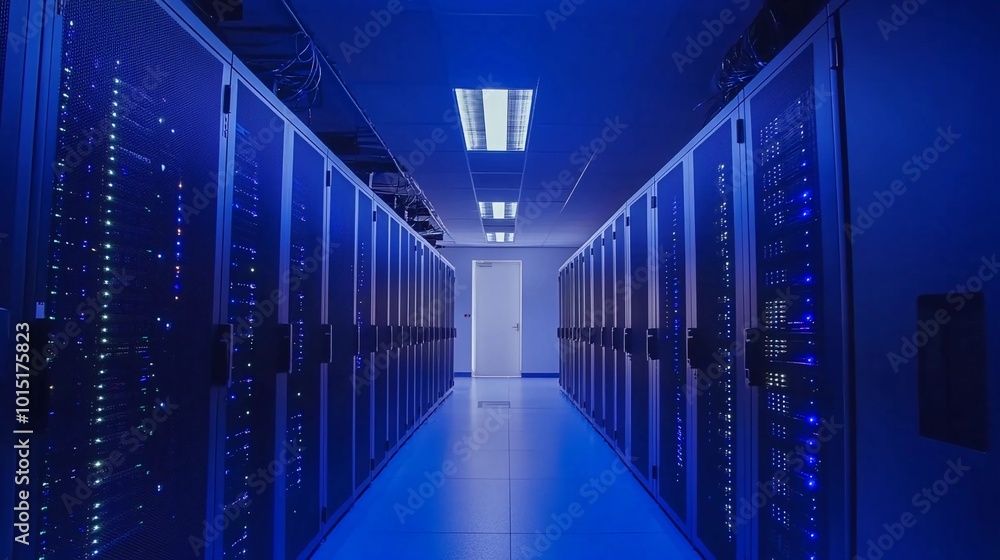 Modern server room, rows of server racks with blinking lights, organized cable management, clean and sterile environment, cool blue lighting Modern server room, rows of server racks with blinking lights, organized cable management, clean and sterile environment, cool blue lighting