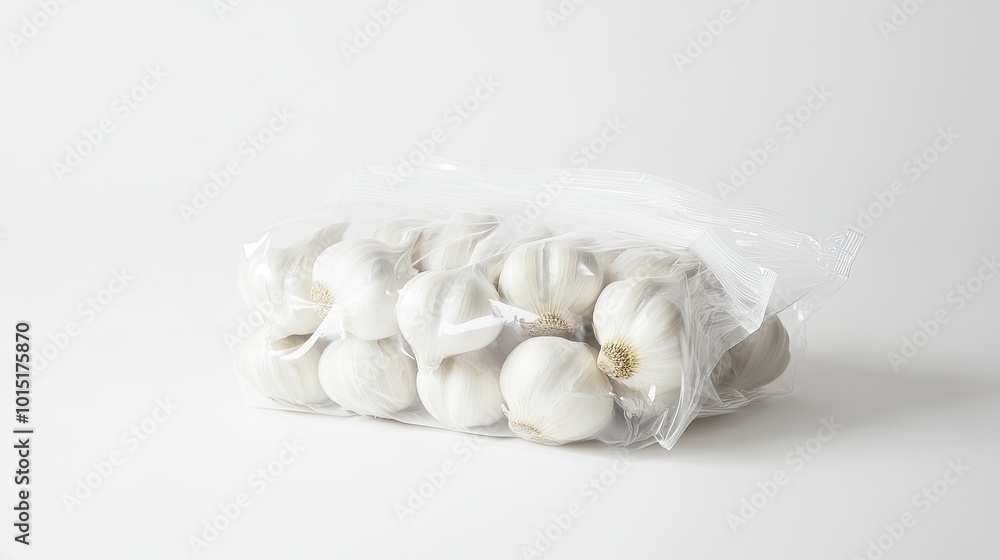 A clean, minimalist image of garlic bulbs neatly packaged in a clear plastic wrap, displayed against a crisp white background, showcasing freshness and simplicity. A clean, minimalist image of garlic bulbs neatly packaged in a clear plastic wrap, displayed against a crisp white background, showcasing freshness and simplicity.