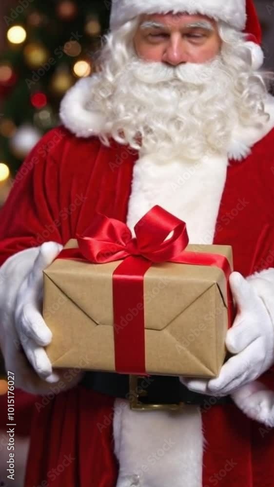 Santa Claus holding a red gift box in a vertical video, Christmas scene. Santa Claus holding a red gift box in a vertical video, Christmas scene.