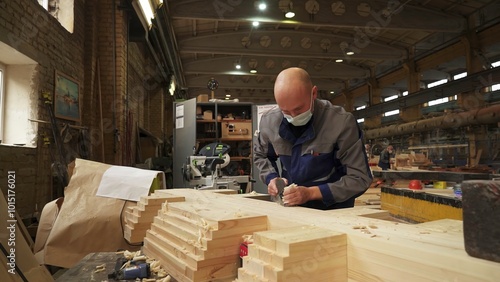 Craftsman Dedicatedly Working in a Wood Workshop, Showcasing Their Expertise in Craftsmanship. Stock Clip photo