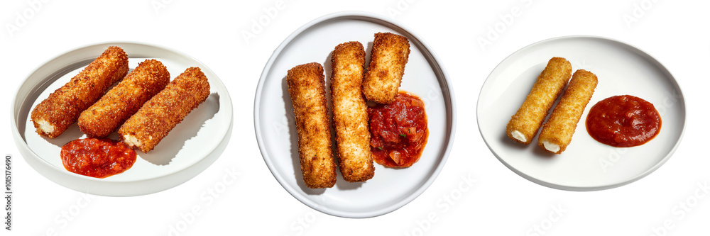 Fried Mozzarella Sticks with Marinara Sauce on White Plates. Fried Mozzarella Sticks with Marinara Sauce on White Plates.