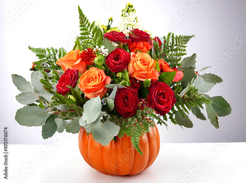 Wallpaper Mural An impressive bouquet of orange roses, red roses, dark red carnations, red holly, red oak leaves, ferns and pistachios in a pumpkin vase. Torontodigital.ca