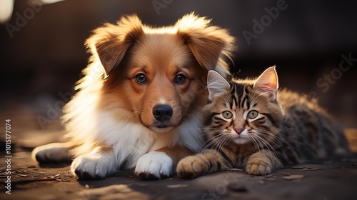 A tiny puppy and a furry kitten sit on the floor in a wide horizontal banner image