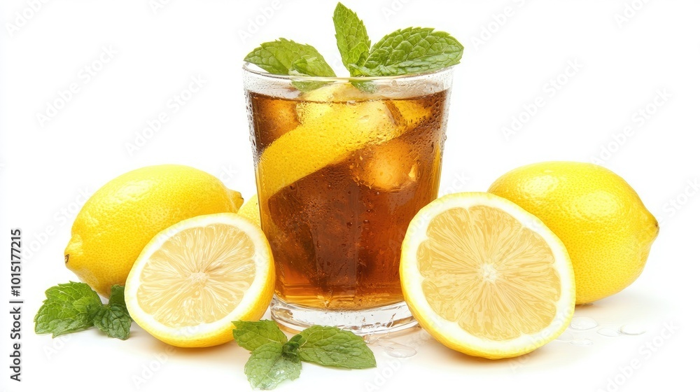 A refreshing glass of iced tea with lemon slices and mint leaves, condensation forming on the glass, isolated on a white background. A refreshing glass of iced tea with lemon slices and mint leaves, condensation forming on the glass, isolated on a white background.