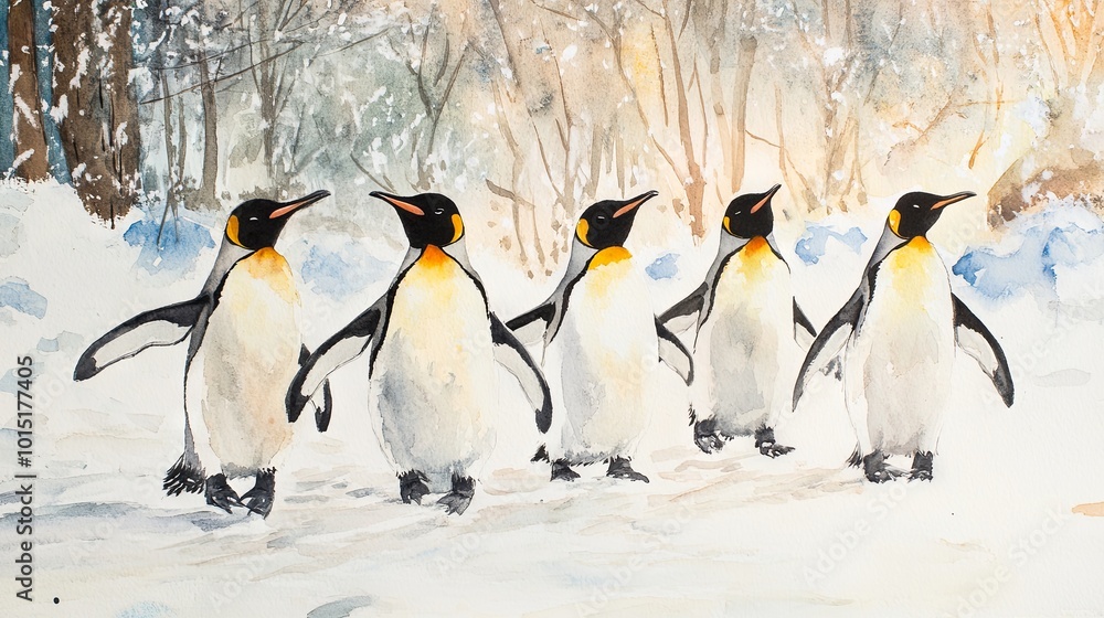 Fototapeta premium Penguins she winter background watercolor 