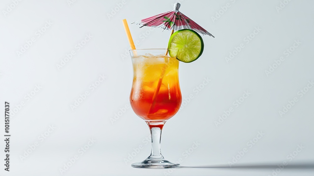 A tall, elegant cocktail glass filled with a vibrant drink garnished with lime and a cocktail umbrella, set against a plain white background. A tall, elegant cocktail glass filled with a vibrant drink garnished with lime and a cocktail umbrella, set against a plain white background.