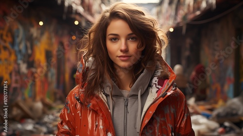 a woman wearing jacket with graffiti wall behind, female street fashion portrait