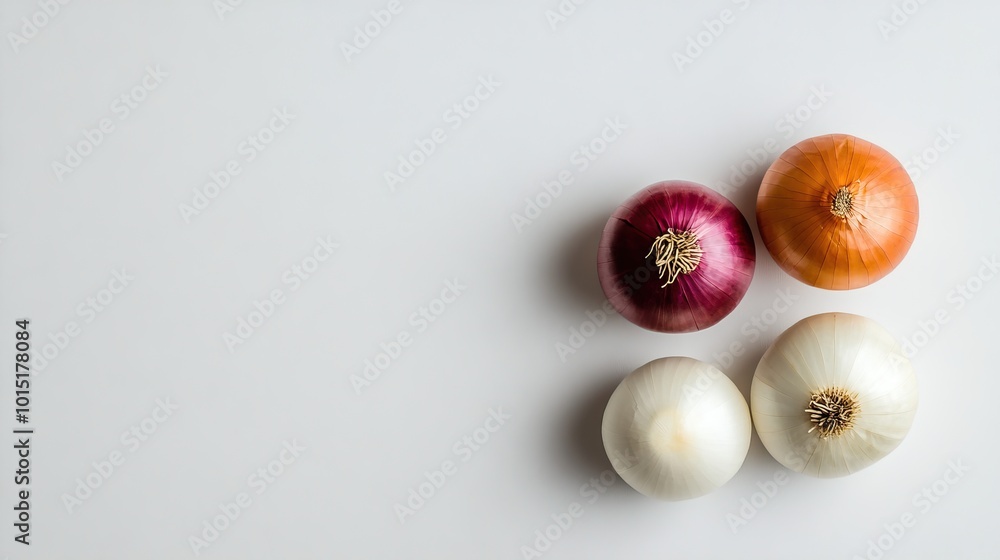 A trio of onions--white, red, and yellow--arranged on a white background, offering variety and simplicity in a clean, fresh concept. A trio of onions--white, red, and yellow--arranged on a white background, offering variety and simplicity in a clean, fresh concept.