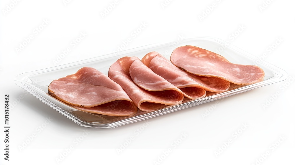 An eye-catching, eco-friendly package of sliced ham with clear panels revealing the product, isolated on a bright white background for an upscale presentation. An eye-catching, eco-friendly package of sliced ham with clear panels revealing the product, isolated on a bright white background for an upscale presentation.