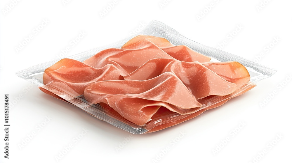An eye-catching, eco-friendly package of sliced ham with clear panels revealing the product, isolated on a bright white background for an upscale presentation. An eye-catching, eco-friendly package of sliced ham with clear panels revealing the product, isolated on a bright white background for an upscale presentation.