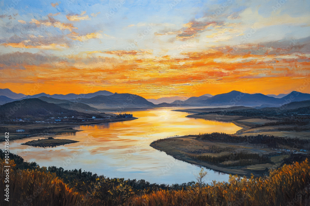 Fototapeta premium oil painting of Beautiful natural landscape of Korea at sunset