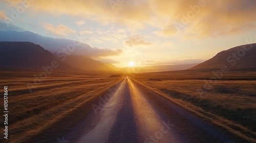 A long, straight road stretching towards a breathtaking sunset over a mountainous landscape, with warm, golden light illuminating the scene.