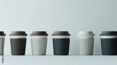 Wallpaper Mural Concept shot of a row of eco-friendly, reusable take-away coffee cups with lids, aligned perfectly on a white background, ideal for sustainability and coffee branding. Torontodigital.ca