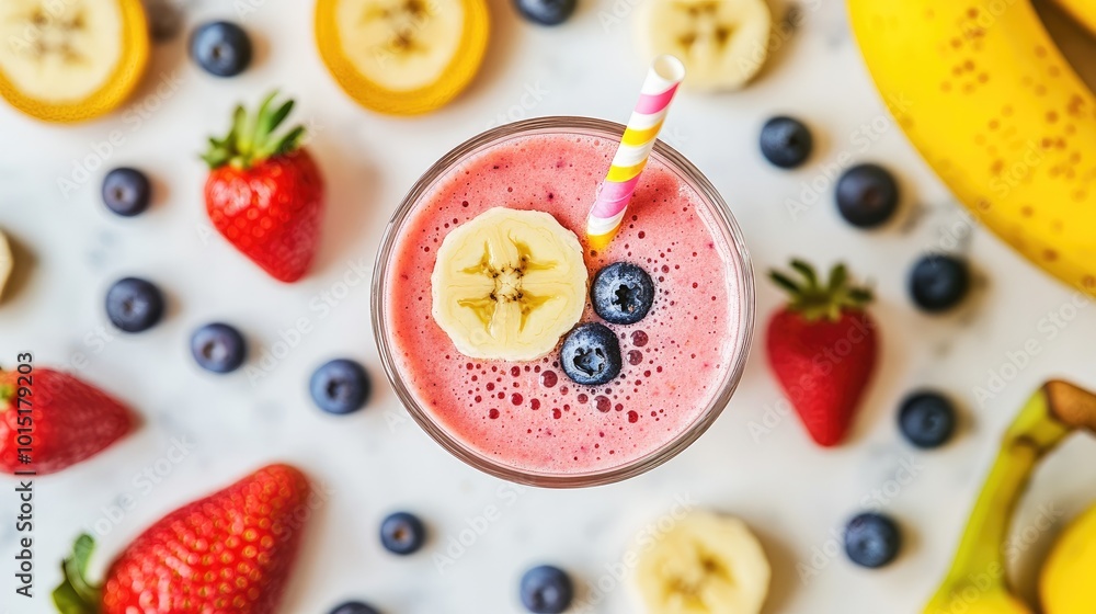 Conceptual shot of a colorful smoothie in a clear glass with a straw, surrounded by fresh fruits like strawberries, bananas, and blueberries on a white background. Conceptual shot of a colorful smoothie in a clear glass with a straw, surrounded by fresh fruits like strawberries, bananas, and blueberries on a white background.