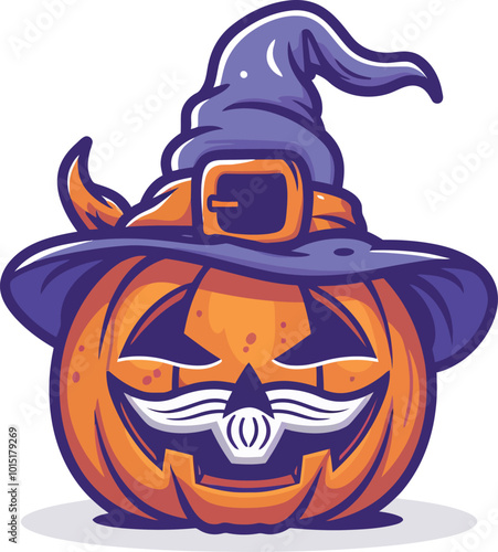 Halloween Pumpkin Wear Witch Hat Vector Illustration