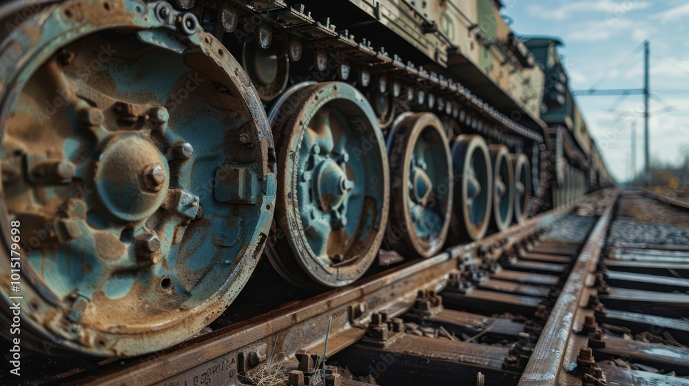 Close-up of a Military Vehicle's Tracks on Railway Tracks Close-up of a Military Vehicle's Tracks on Railway Tracks