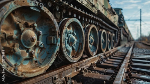 Close-up of a Military Vehicle's Tracks on Railway Tracks