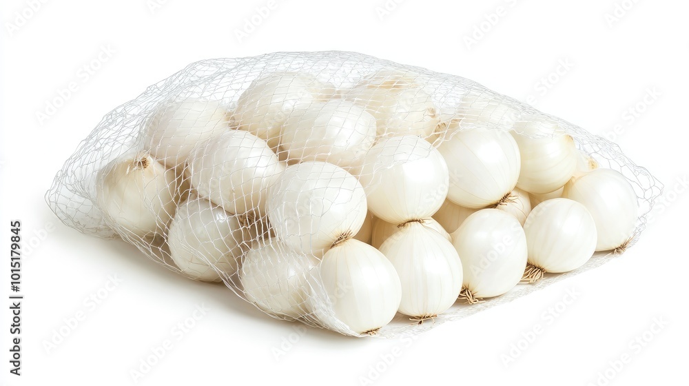 Pre-packaged white onions in a sealed, eco-friendly net bag, isolated on a bright white background, emphasizing freshness and packaging design. Pre-packaged white onions in a sealed, eco-friendly net bag, isolated on a bright white background, emphasizing freshness and packaging design.