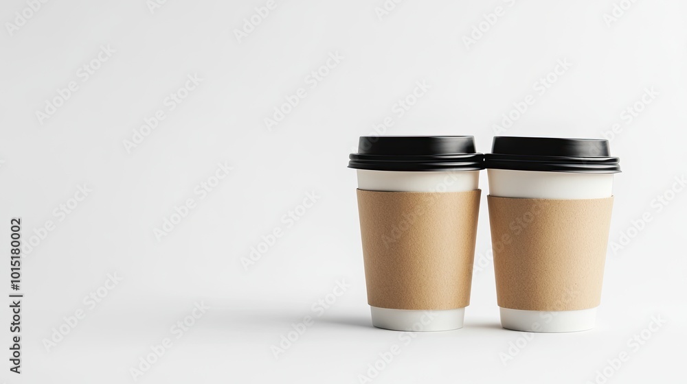 Two take-away coffee cups with black lids and blank kraft sleeves, placed side by side on a clean white background, conveying a modern and casual coffee-to-go vibe. Two take-away coffee cups with black lids and blank kraft sleeves, placed side by side on a clean white background, conveying a modern and casual coffee-to-go vibe.