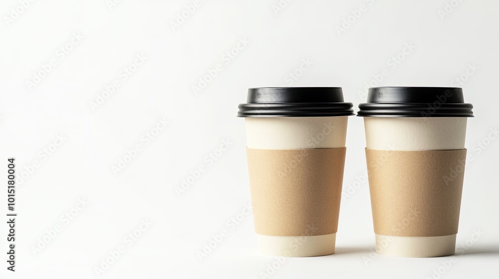 Two take-away coffee cups with black lids and blank kraft sleeves, placed side by side on a clean white background, conveying a modern and casual coffee-to-go vibe. Two take-away coffee cups with black lids and blank kraft sleeves, placed side by side on a clean white background, conveying a modern and casual coffee-to-go vibe.