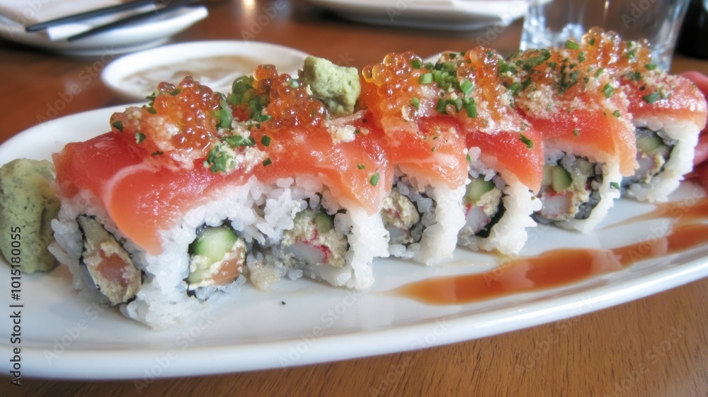 A plate of six salmon sushi rolls topped with red caviar and green onions. A plate of six salmon sushi rolls topped with red caviar and green onions.