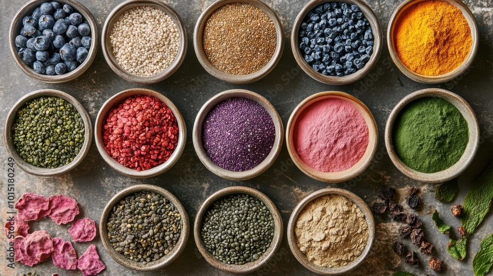 Colorful Superfood Powders and Natural Extracts Display Colorful Superfood Powders and Natural Extracts Display