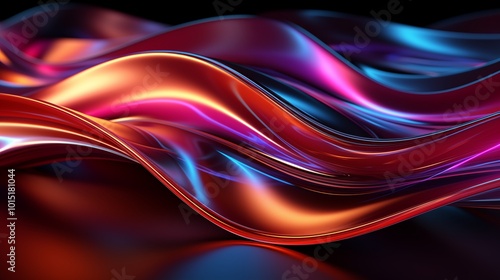 Abstract fluid iridescent holographic curved wave in motion colorful gradient design on black background