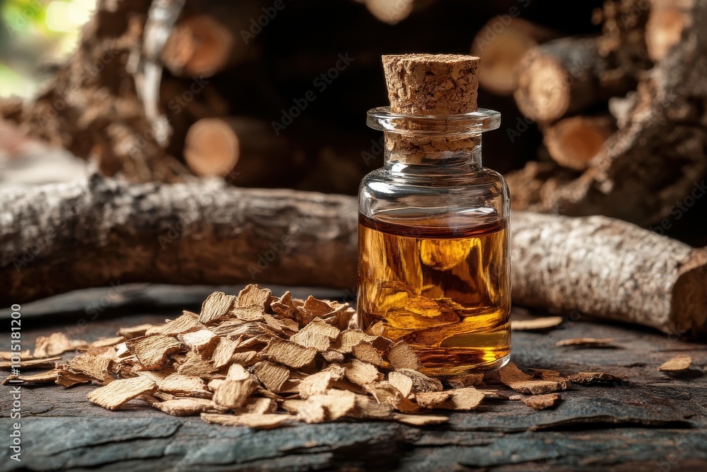 Closeup of Herbal Bottle with Cork on Wooden Surface Closeup of Herbal Bottle with Cork on Wooden Surface