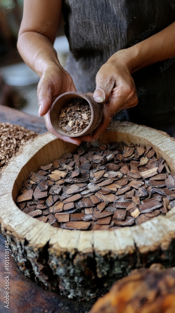 Person Preparing Bark in Traditional Craft Process Person Preparing Bark in Traditional Craft Process