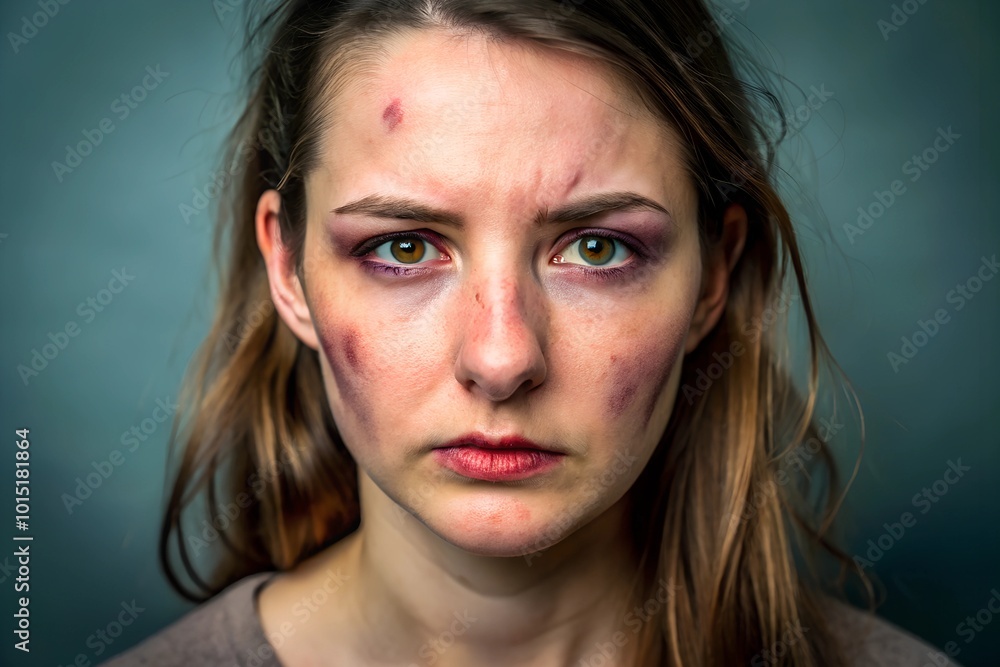 Woman with Bruised Face Showing Emotional Strength and Resilience Woman with Bruised Face Showing Emotional Strength and Resilience
