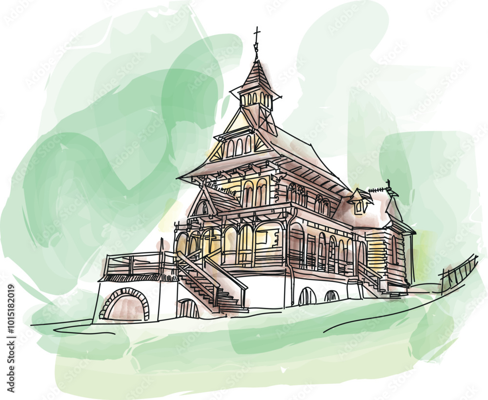 The Chapel of the Sacred Heart of Jesus near the city of Zakopane - the southern region of Poland. Vector illustration