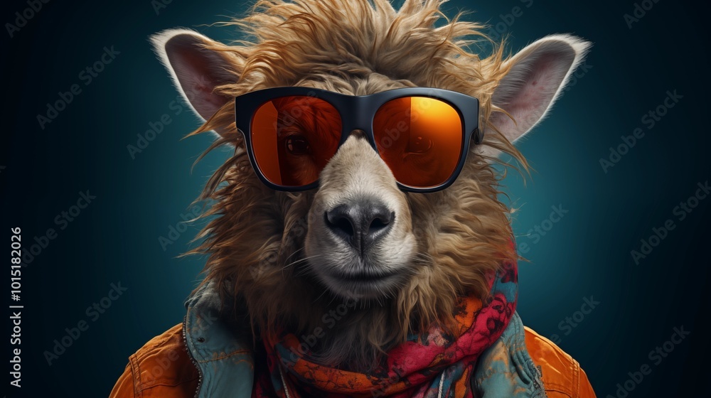 Obraz premium Abstract of fashion style sheep wearing sunglasses portrait isolated on clean png background, sheep fur multi colored colorful on skin body and hairs paint