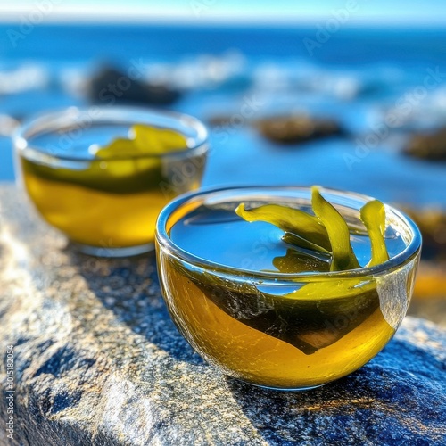 Closeup of Kelp Extract in Glass Containers by the Sea photo