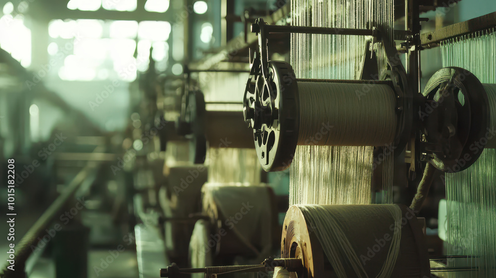 Fototapeta premium Textile weaving machines producing fabric in modern industrial setting, showcasing intricate machinery and process of fabric creation. atmosphere is filled with sense of innovation and craftsmanship