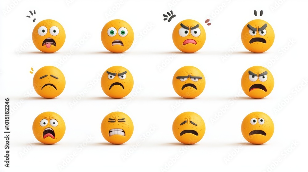 Collection of expressive emoji faces showing a range of emotions from joy to anger, displayed on a white background. Collection of expressive emoji faces showing a range of emotions from joy to anger, displayed on a white background.