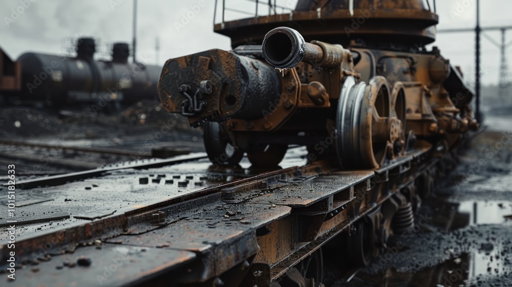 Close-up of a rusted railway carriage with a large pipe Close-up of a rusted railway carriage with a large pipe