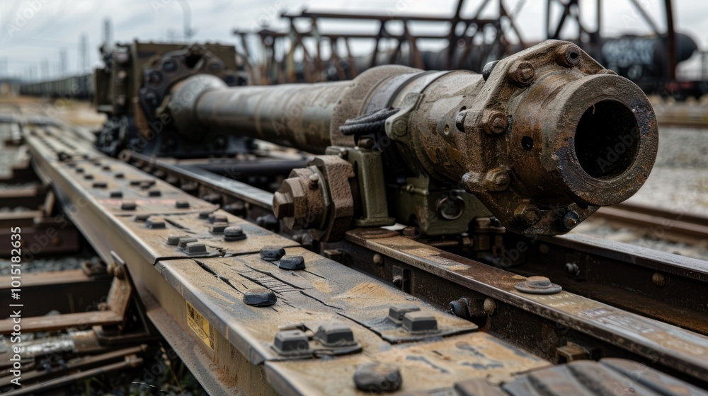 Close-up of a rusty metal rail car coupling mechanism on railroad tracks Close-up of a rusty metal rail car coupling mechanism on railroad tracks