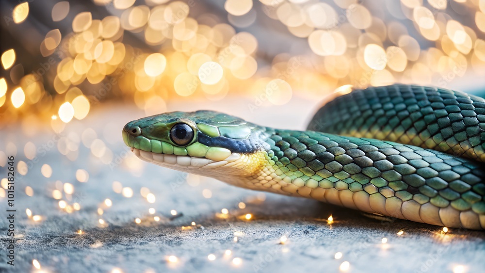 Obraz premium Green snake with glowing bokeh background in a close-up view.