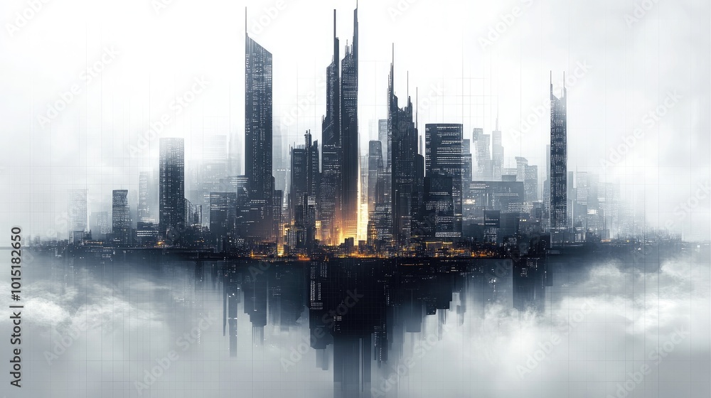 Fototapeta premium A luxurious AI-generated image featuring a futuristic city skyline, designed with intricate details and expensive visual effects. Isolated on a transparent background.