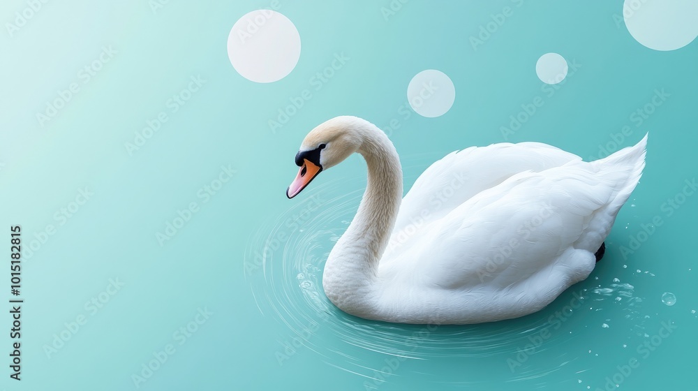 Fototapeta premium A serene white swan floating peacefully on a teal background with minimalistic abstract shapes, creating a calm and elegant visual.