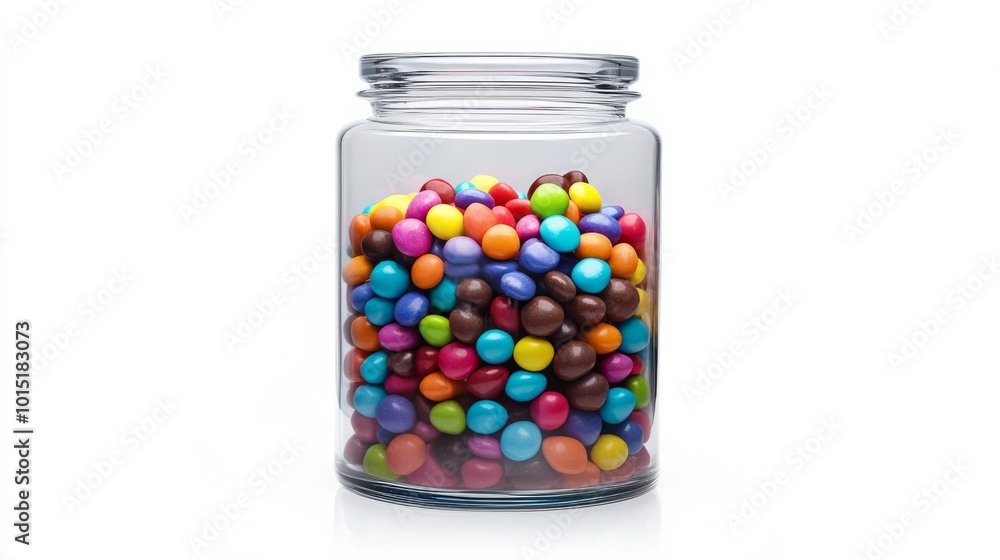 A mockup of a clear glass jar filled with colorful candies, isolated on a pure white background, ideal for sweet treats promotions A mockup of a clear glass jar filled with colorful candies, isolated on a pure white background, ideal for sweet treats promotions