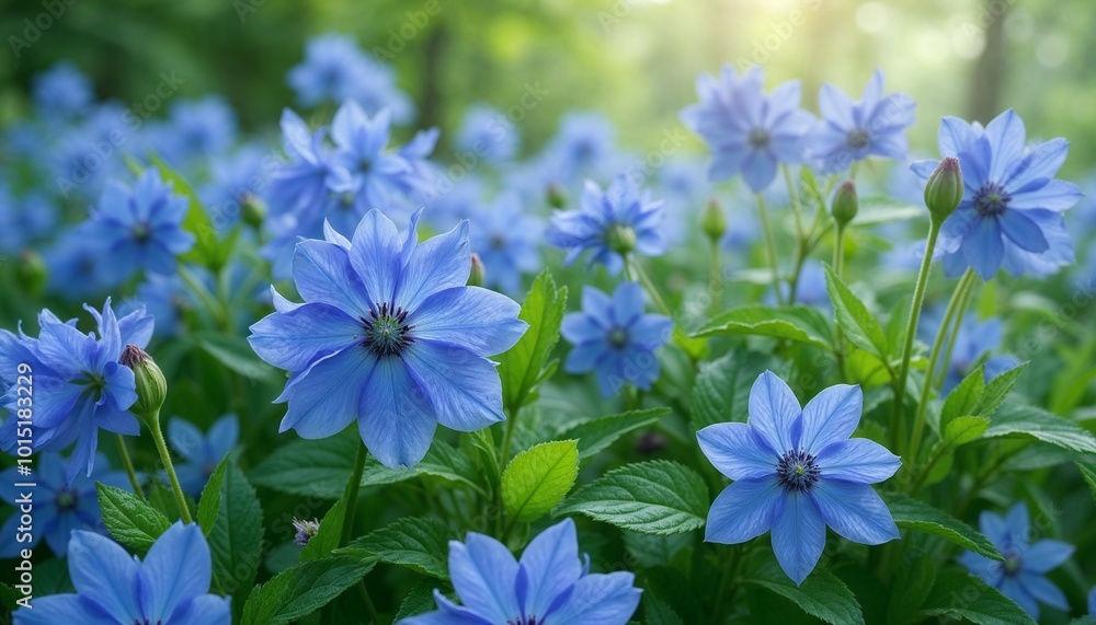Vibrant borage flowers blooming in a lush green garden under soft sunlight Vibrant borage flowers blooming in a lush green garden under soft sunlight