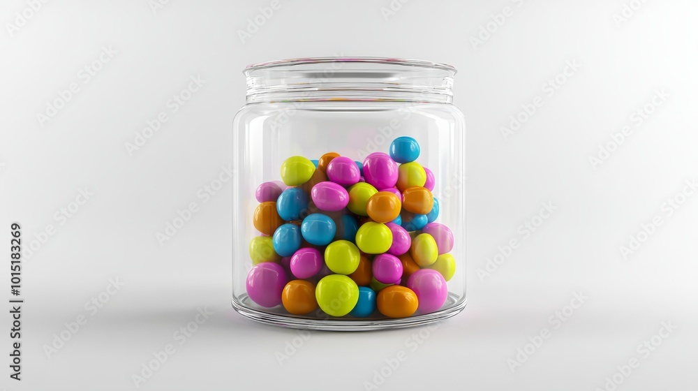 A mockup of a clear glass jar filled with colorful candies, isolated on a pure white background, ideal for sweet treats promotions A mockup of a clear glass jar filled with colorful candies, isolated on a pure white background, ideal for sweet treats promotions
