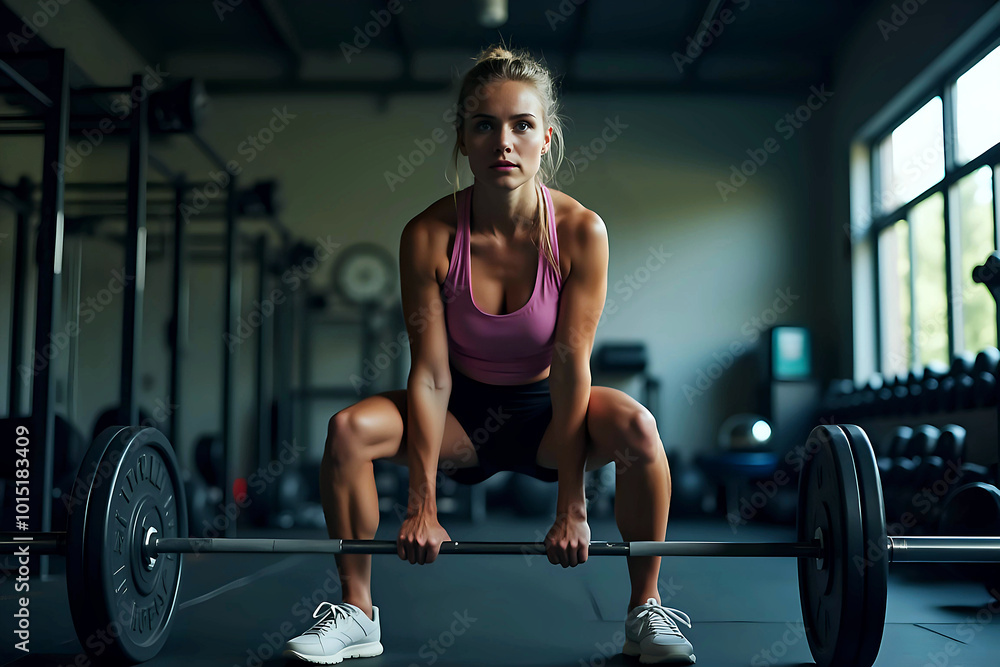A determined female athlete lifting barbells during strength training in a gym and outdoor environments. A determined female athlete lifting barbells during strength training in a gym and outdoor environments.