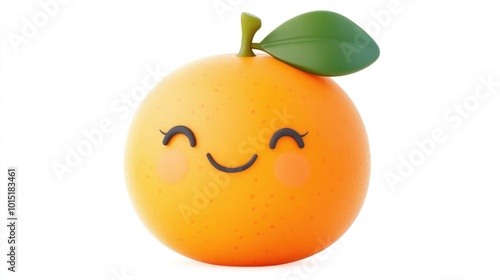 Cute cartoon orange with a smiling face and leafy stem, isolated on a white background. Perfect for fun and whimsical clipart.