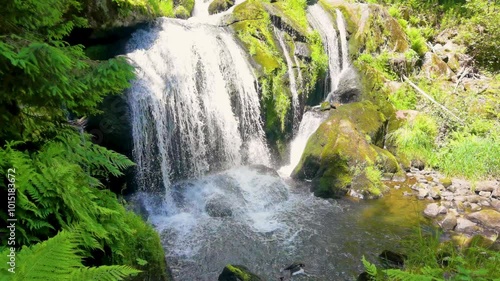Close up of a small waterfall stream in the forest. Crystal clear water. 