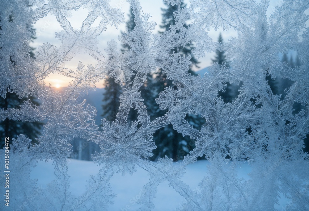 Fototapeta premium Intricate frost patterns on window with dreamy winter forest background